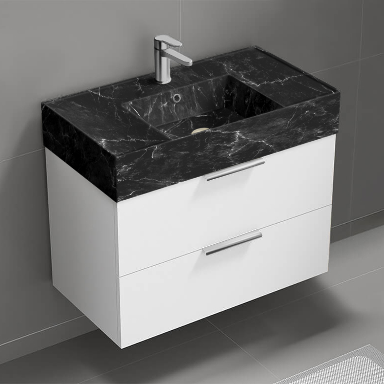 Nameeks DERIN882 32 Inch Bathroom Vanity With Black Marble Design Sink, Modern, Wall Mount, Glossy White